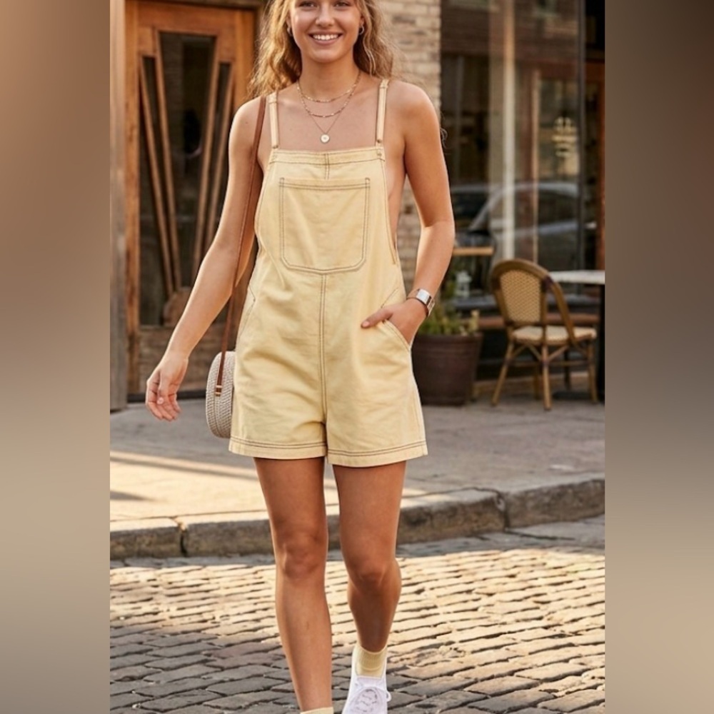 NWT Urban Outfitters yellow short overalls, flowy fit, size XL linen blend